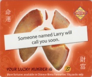 
Lucky Number: 27
Fortune: Someone named Larry will call you soon.
(Back Image)