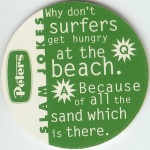Q. Why don't surfers get hungry at the beach.<br />A. Because of all the sand which is there.

(Back Image)